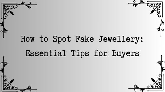 Text graphic reading 'How to Spot Fake Jewellery: Essential Tips for Buyers,' surrounded by elegant black corner designs on a light gradient background.