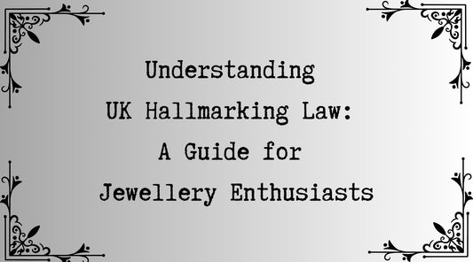 Text graphic reading 'Understanding UK Hallmarking Law: A Guide for Jewellery Enthusiasts,' surrounded by decorative black corner designs on a soft gradient background.